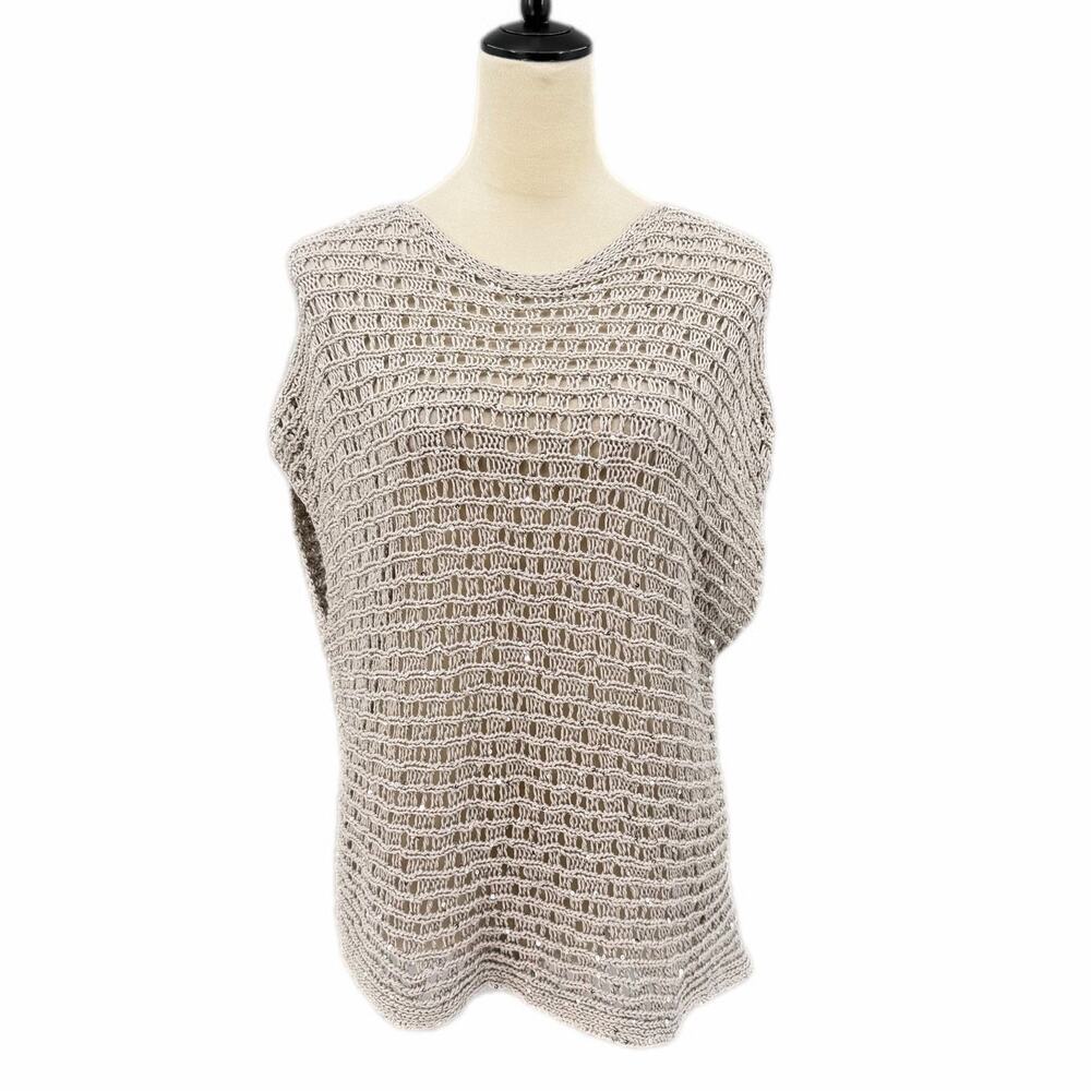 Eileen Fisher Open Knit Gray Silver Sequin Cotton Blend Cap Sleeve Boxy Top